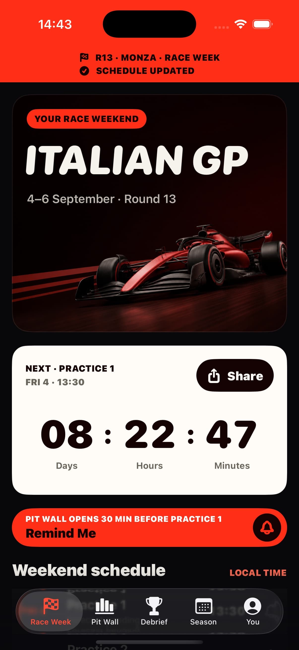Race Control Race Week screen with Grand Prix countdown and schedule