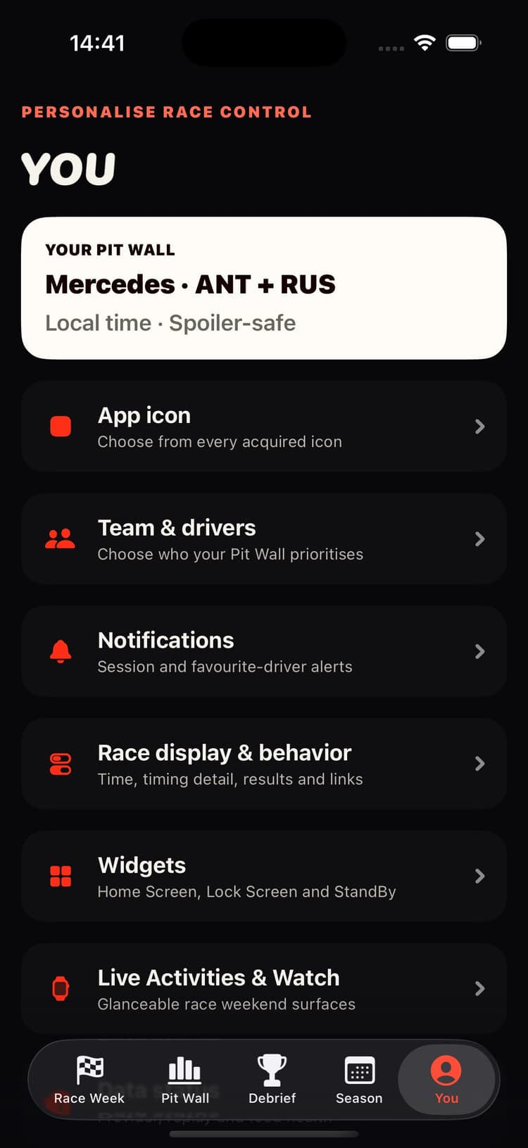 Personalisation settings in Race Control